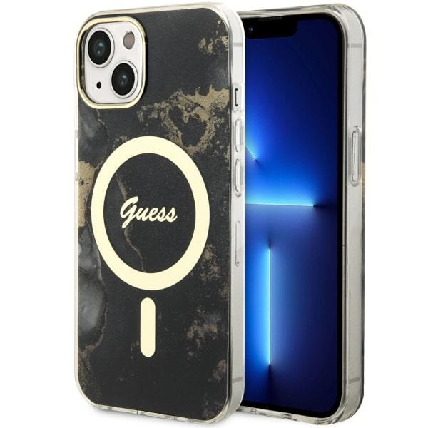 Guess GUHMP14SHTMRSK iPhone 14 6.1" juodas/juodas kietas dėklas Golden Marble Magnetinis