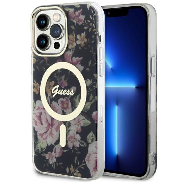 Guess GUHMP14XHCFWSK iPhone 14 Pro Max 6.7" juodas kietas dėklas Flower Magnetinis