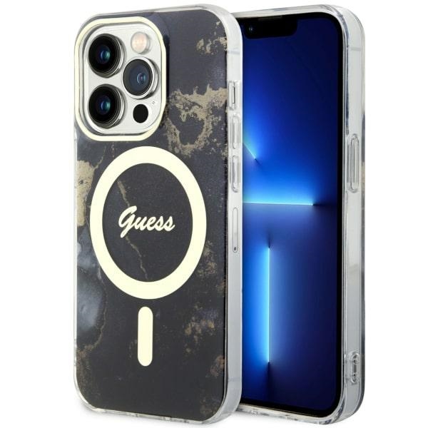 Guess GUHMP14XHTMRSK iPhone 14 Pro Max 6.7" juodas kietas dėklas Golden Marble Magnetinis