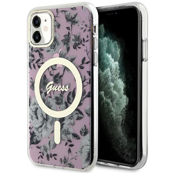 Guess GUHMN61HCFWSP iPhone 11 / Xr 6.1" rožinis kietas dėklas Gėlė MagSafe