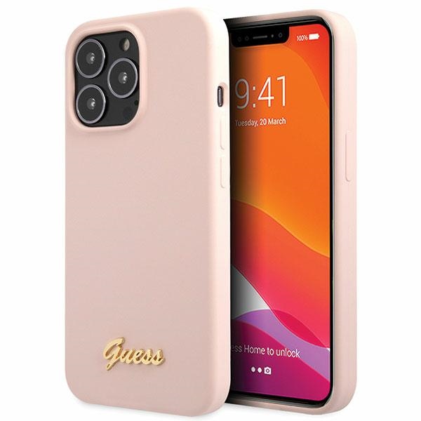 Dėklas Guess GUHCP13XLSLMGLP iPhone 13 Pro Max 6.7" šviesiai rožinė/šviesiai rožinė kietas dėklas Silikoninis Užrašas Auksinis Logotipas