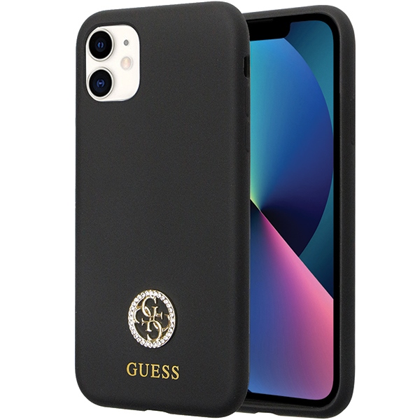 Guess GUHCN614DGPK dėklas iPhone 11 / Xr - juodas Silikoninis Logo Strass 4G