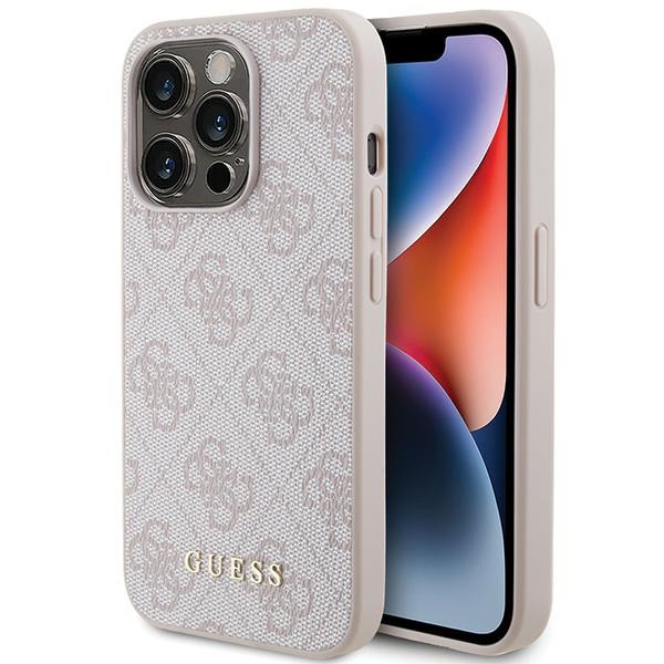 Guess 4G Metal Gold Logo dėklas telefonui iPhone 15 Pro – rožinis