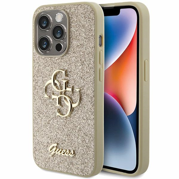 Guess Glitter Script Big 4G dėklas telefonui iPhone 15 Pro – auksinis