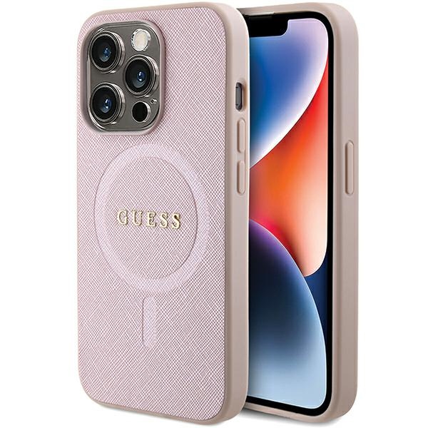 Guess Saffiano Magnetinis dėklas telefonui iPhone 15 Pro - rožinė