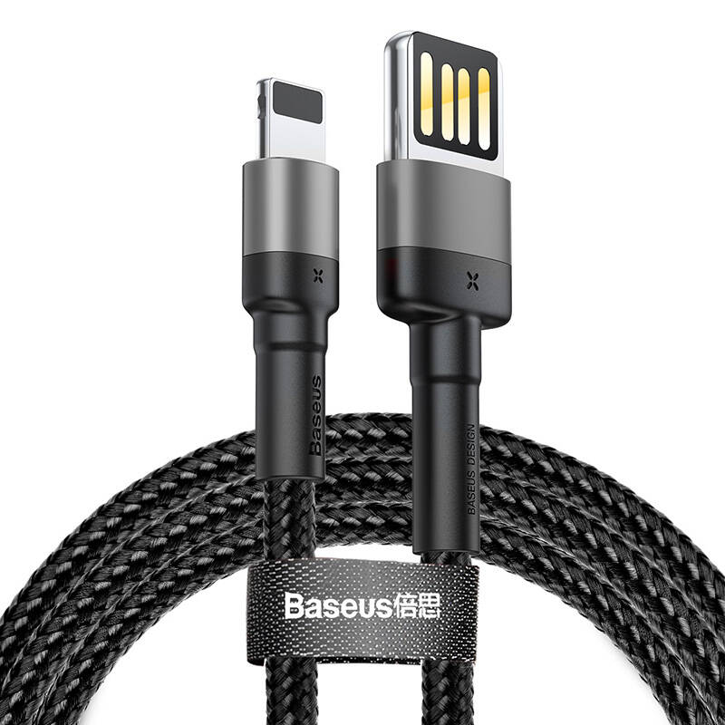 USB Lightning kabelis (dvigubas) Baseus Cafule 2.4A 1m (pilkas-juodas)