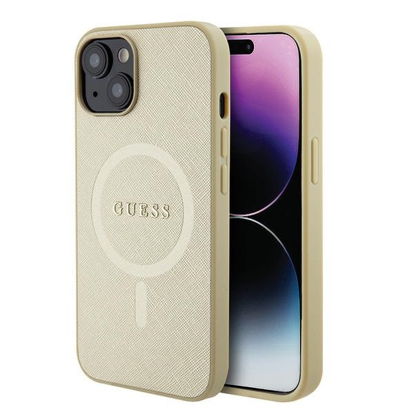 Guess GUHMP15SPSAHMCB iPhone 15 6.1" auksinis/auksinis kietas dėklas Saffiano MagSafe