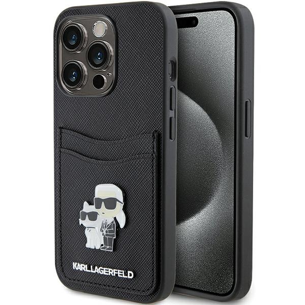 Karl Lagerfeld Saffiano kortelių lizdas Karl&Choupette metalinis kaištis dėklas iPhone 15 Pro - juoda