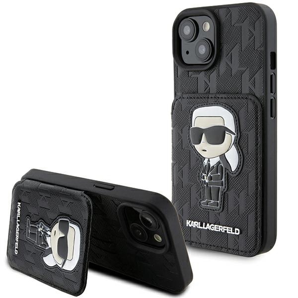 Karl Lagerfeld Saffiano Cardslots and Stand Monogram Ikonik Patch Dėklas telefonui iPhone 15 - juodas