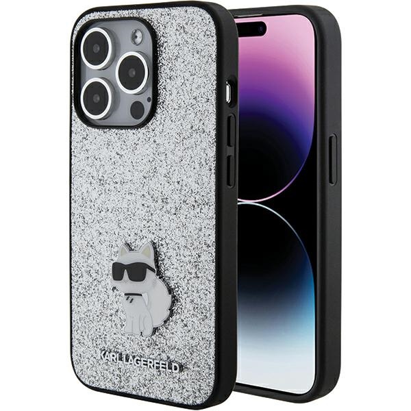 Karl Lagerfeld Fixed Glitter Choupette Logo Metal Pin Dėklas telefonui iPhone 15 Pro Max - sidabrinis