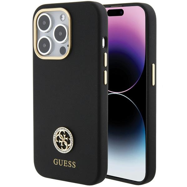 Guess silikoninis Logo Strass 4G dėklas telefonui iPhone 15 Pro - juodas