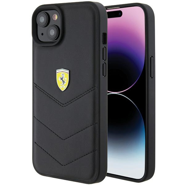 Ferrari FEHCP15MRDUK dėklas telefonui iPhone 15 Plus 6.7" juodas/juodas kietas su dygsniuotu metaliniu logotipu