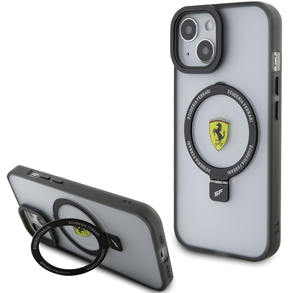 Ferrari FEHMP15SUSCAK iPhone 15 6.1" juodas/juodas kietas dėklas su žiediniu stovu 2023 kolekcija Magnetinis