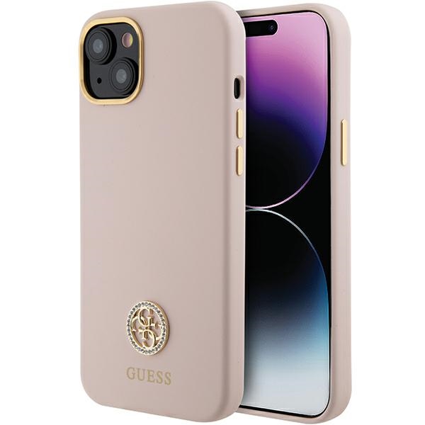 Guess silikoninis dėklas telefonui su logotipu Strass 4G iPhone 15 - šviesiai rožinė