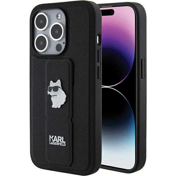 Karl Lagerfeld dėklas telefonui su stovu Gripstand Saffiano Choupette Pins iPhone 15 Pro - juodas