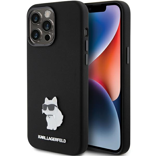 Karl Lagerfeld Silikoninis Choupette Metal Pin dėklas telefonui iPhone 15 Pro - rožinis