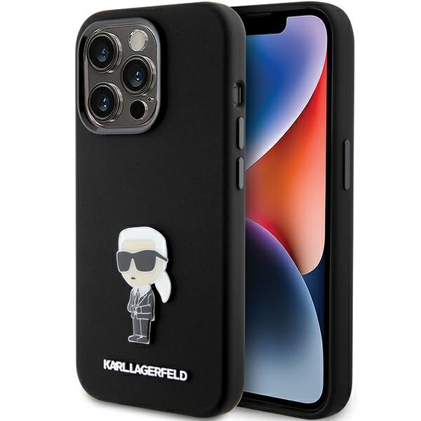 Karl Lagerfeld Silikoninis Ikonik Metal Pin dėklas telefonui iPhone 15 Pro - juodas