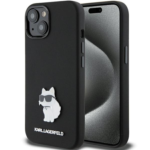 Karl Lagerfeld silikoninis Choupette Metal Pin dėklas telefonui iPhone 15 Plus / 14 Plus - juodas