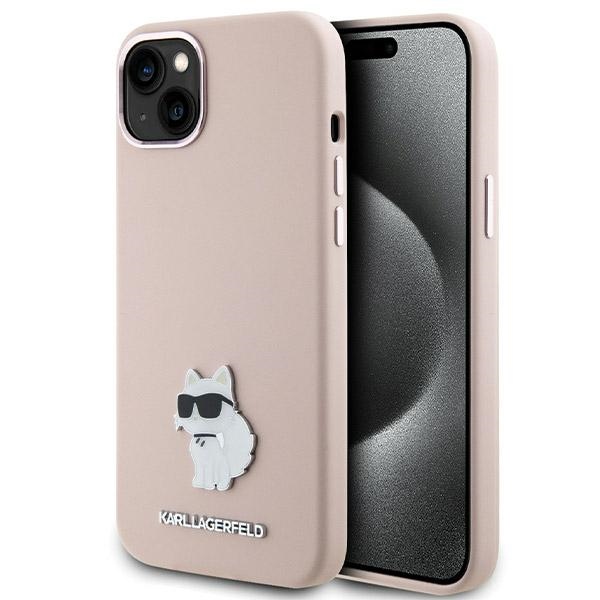 Karl Lagerfeld silikoninis Choupette Metal Pin dėklas telefonui iPhone 15 Plus / 14 Plus - rožinis