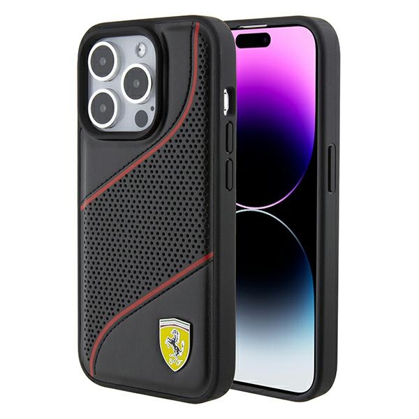 Ferrari Perforated Waves Metal Logo dėklas telefonui iPhone 15 Pro - juodas