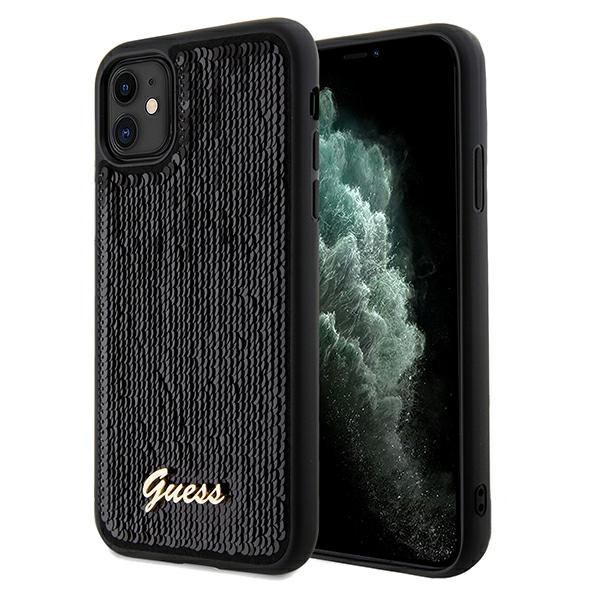 Guess Blizgučiai užrašas metalinis dėklas telefonui iPhone 11 / Xr - juodas