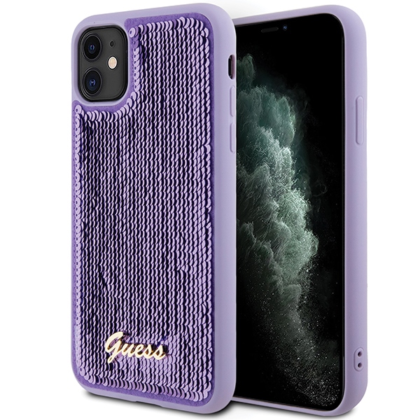 Guess Sequin Script Metal dėklas telefonui iPhone 11 / Xr - violetinis