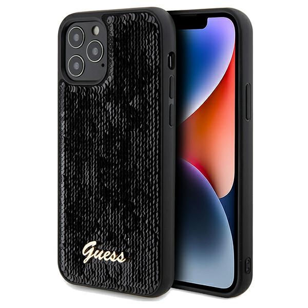 Guess Sequin Script Metal dėklas telefonui iPhone 12/12 Pro - juodas