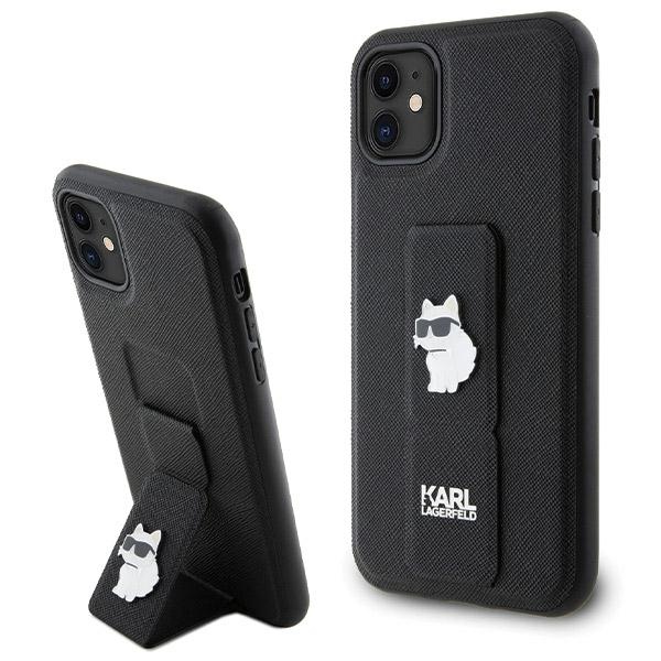 Karl Lagerfeld Gripstand Saffiano Choupette Pins dėklas telefonui iPhone 11 / Xr - juodas
