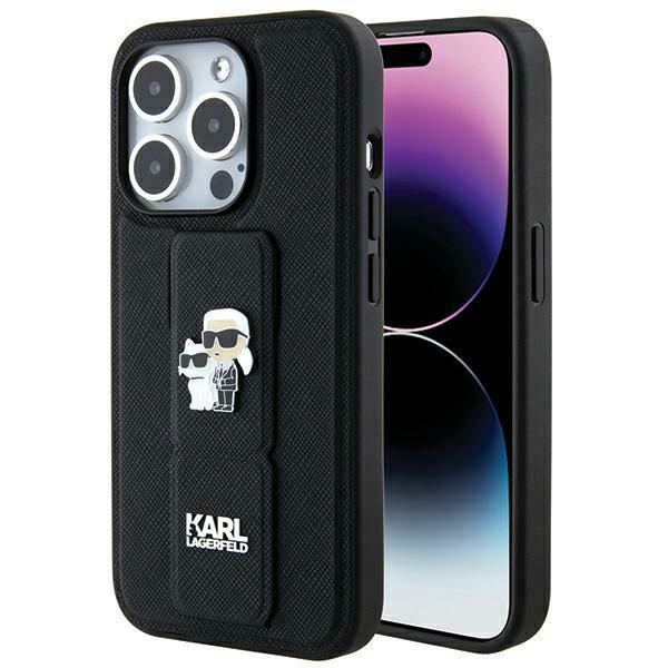 Karl Lagerfeld Gripstand Saffiano Karl&Choupette Pins dėklas telefonui iPhone 14 Pro Max - juodas