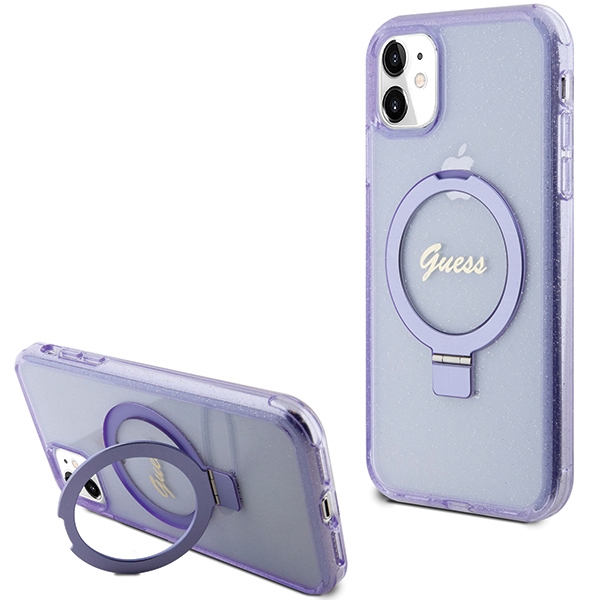 Guess žiedo stovo Script blizgus magnetinis dėklas telefonui iPhone 11 / Xr - violetinis