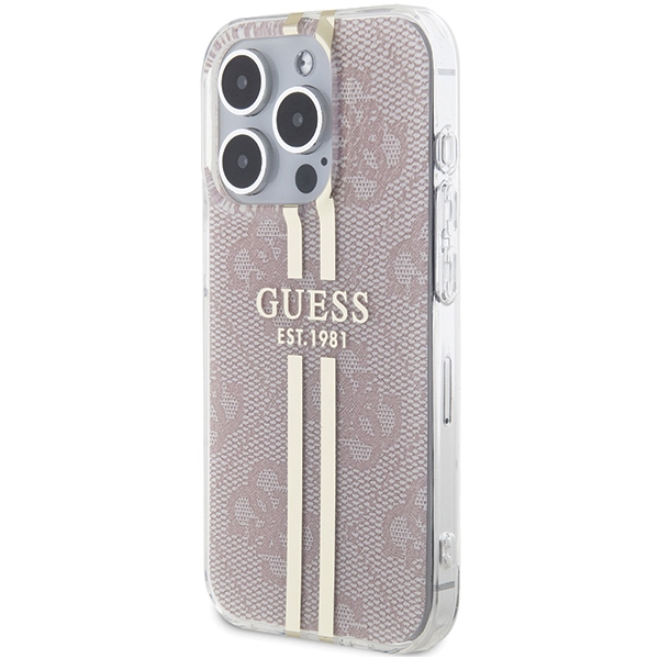 Guess IML 4G Gold Stripe dėklas telefonui iPhone 14 Pro Max - rožinis