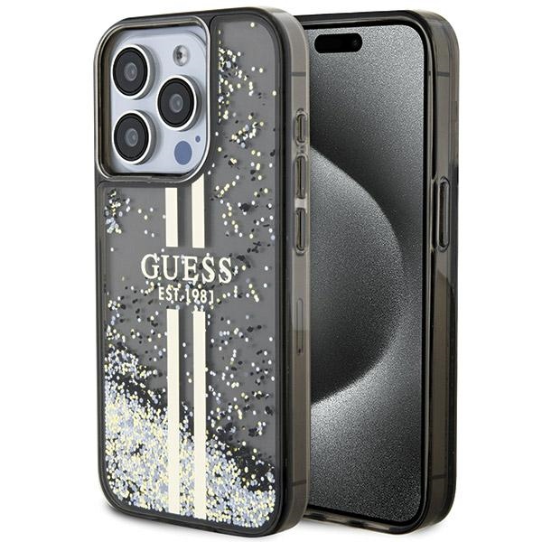 Guess Liquid Glitter Gold Stripes dėklas telefonui iPhone 15 Pro - juodas