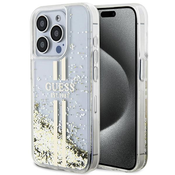 Guess Liquid Glitter Gold Stripes dėklas telefonui iPhone 15 Pro - skaidrus