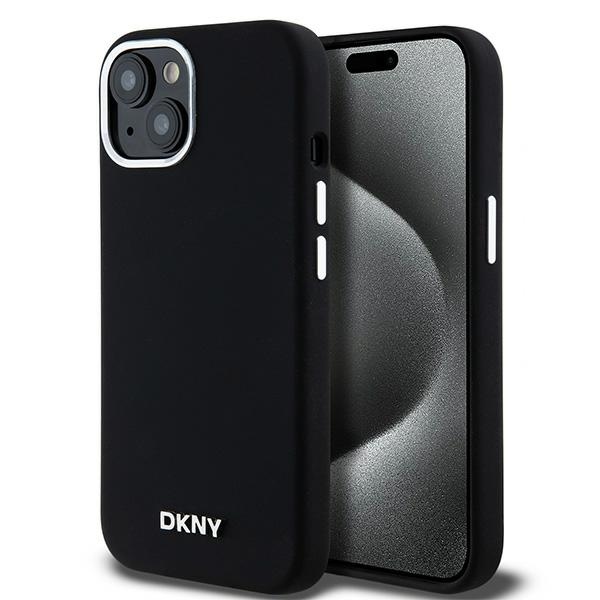 DKNY Skystas silikoninis dėklas MagSafe iPhone 15 Plus / 14 Plus su metaliniu logotipu - juodas (m)
