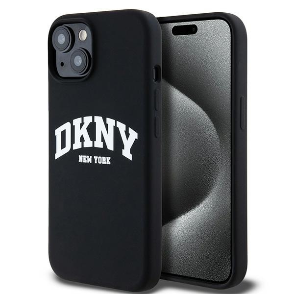 DKNY Skystas silikoninis dėklas MagSafe iPhone 15 / 14 / 13 su balto logotipo spauda - juodas (m)