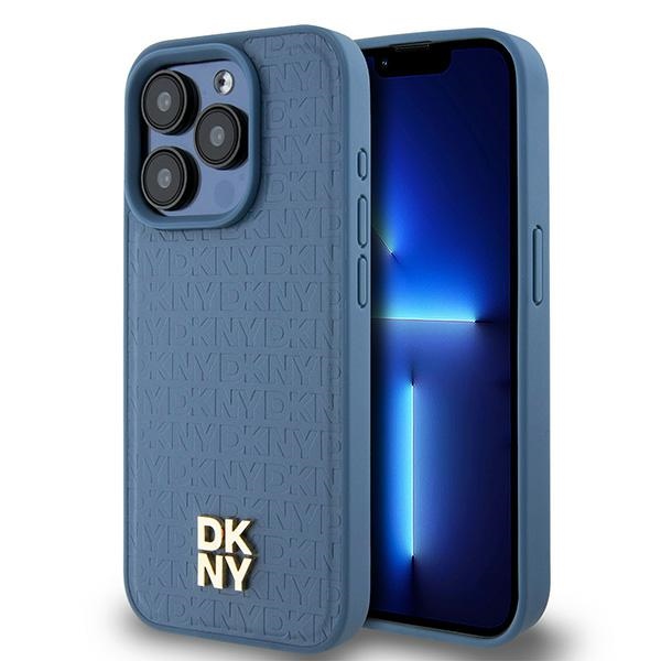 DKNY Odinis monogramos rašto metalinis logotipas Magnetinis dėklas iPhone 15 Pro - mėlyna
