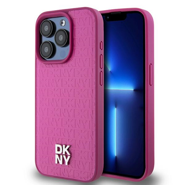 DKNY Odinis monogramos rašto metalinis logotipas Magnetinis dėklas iPhone 15 Pro - rožinė