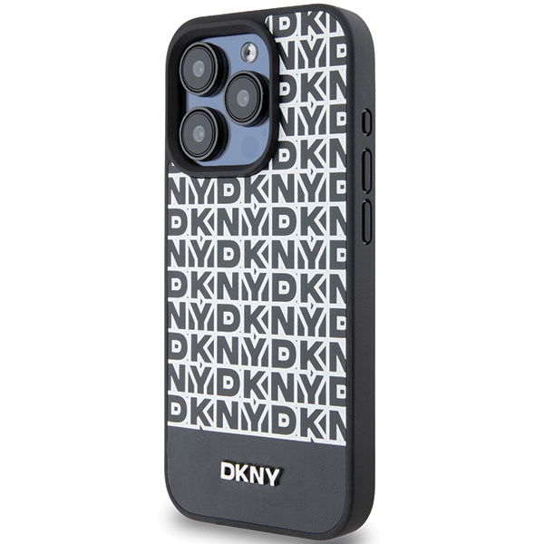 DKNY Odinis spausdintas raštas metalinis logotipas Magnetinis dėklas iPhone 15 Pro - juoda