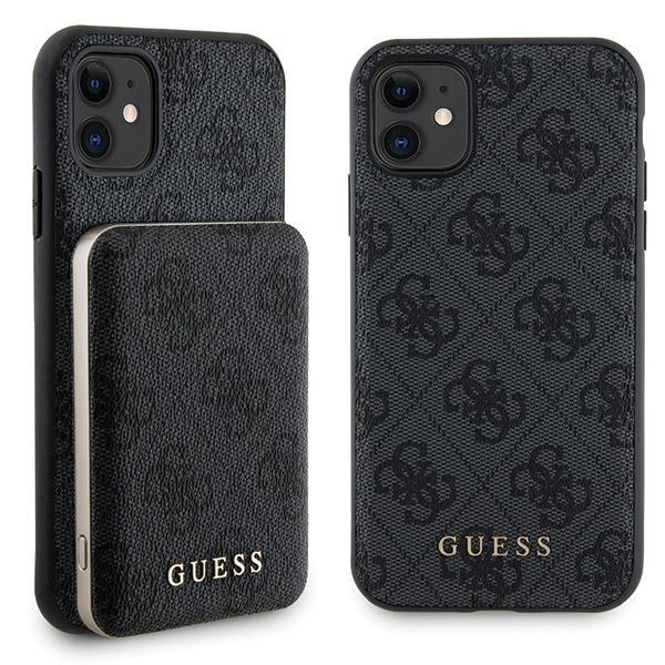 Guess 4G Metal Logo dėklas telefonui rinkinys iPhone 11 + 5000mAh Magnetinė išorinė baterija - juoda