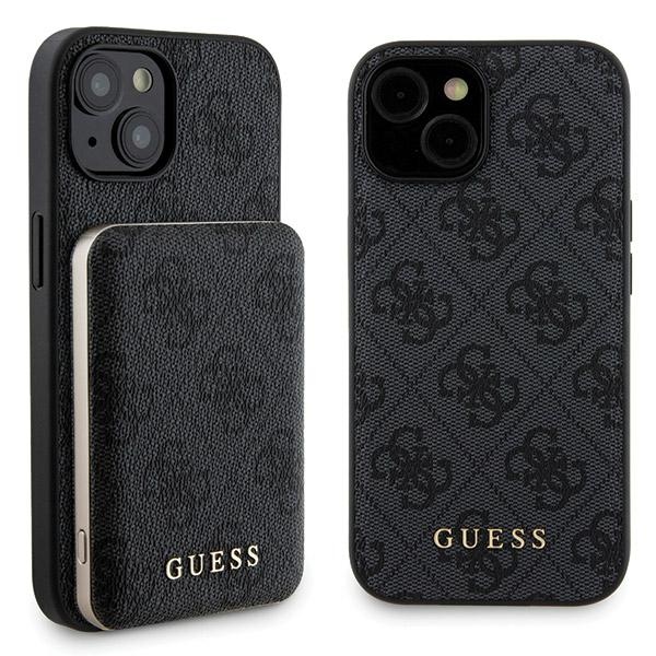 Guess 4G Metal Logo dėklas telefonui rinkinys iPhone 15 + 5000mAh Magnetinė išorinė baterija - juoda