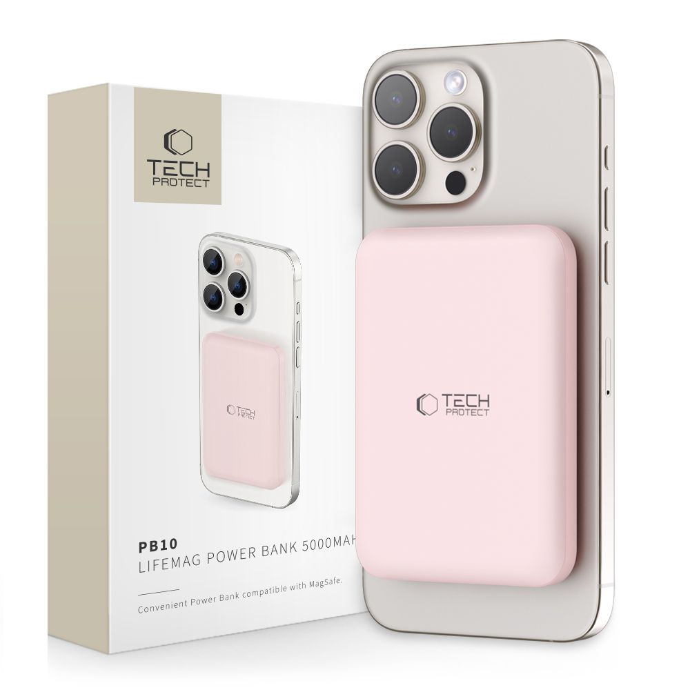 Tech-Protect LifeMag PB10 išorinė baterija su MagSafe 5000mAh 15W USB-C jungtimi - rožinė + USB-C kabelis