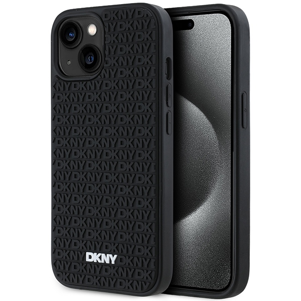 DKNY 3D Guminis dėklas su pasikartojančiu raštu iPhone 15/14/13 - juodas