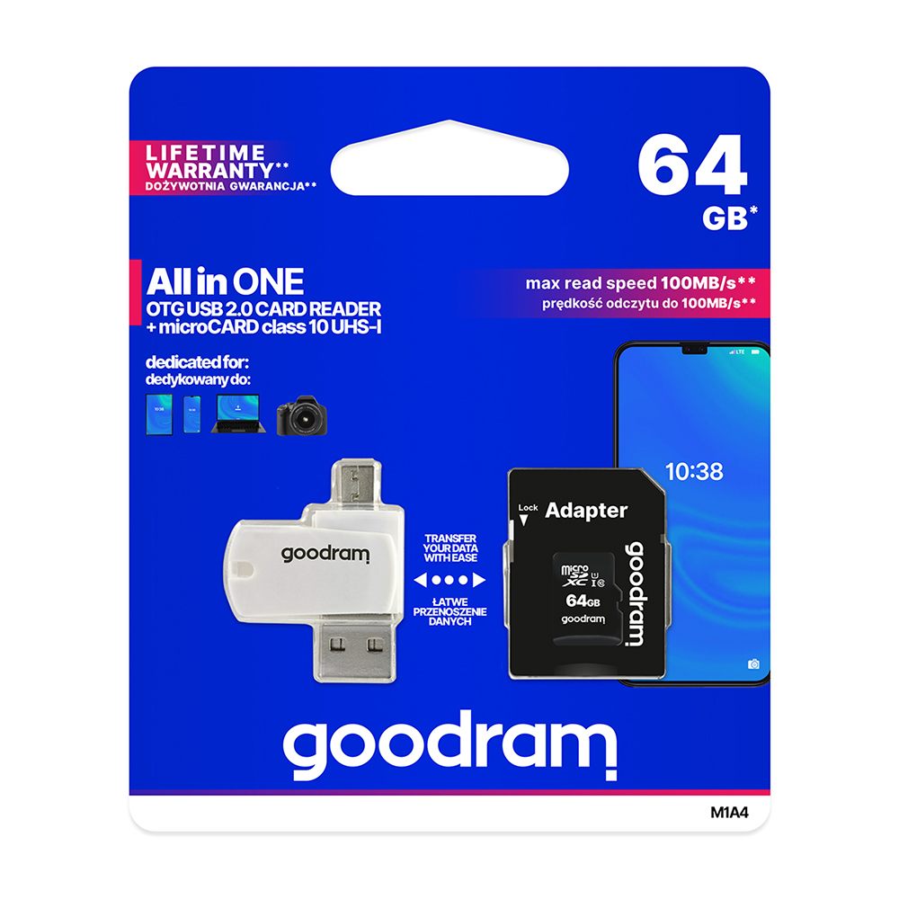 GoodRam atminties kortelė 64GB microSDHC cl. 10 UHS-I + adapteris + kortelių skaitytuvas