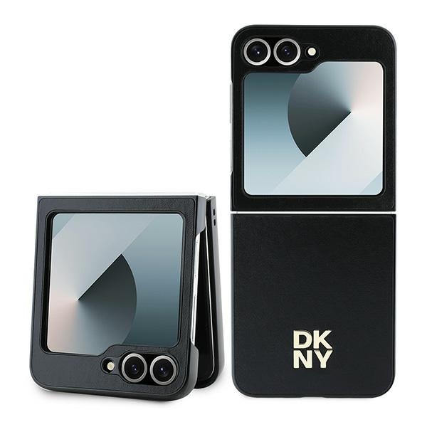 DKNY Dėklas telefonui Samsung Galaxy Z Flip6 odinis metalinis su Stack Logo - juodas