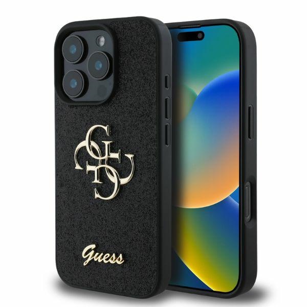Guess Fixed Glitter Big 4G dėklas telefonui iPhone 16 Pro - juodas