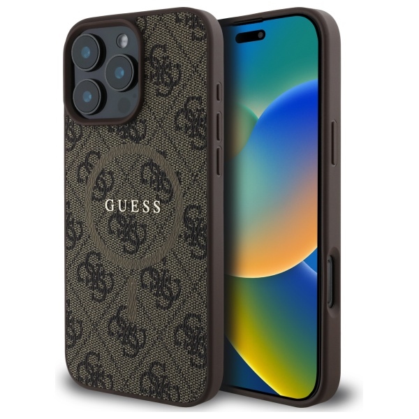 Guess 4G žiedo klasikinio logotipo magnetinis dėklas telefonui iPhone 16 Pro Max - ruda