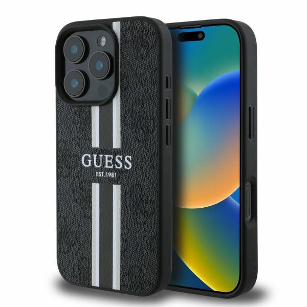 Guess 4G dryžuotas magnetinis dėklas telefonui iPhone 16 Pro Max - juoda