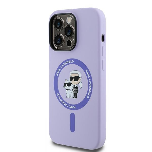Karl Lagerfeld HC Magnetinis silikoninis Karl&Choupette galvų žiedas dėklas iPhone 14 Pro - Violetinis