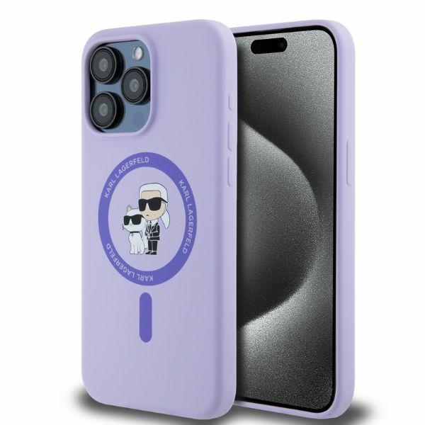 Karl Lagerfeld silikoninis Karl&Choupette galvų žiedas Magnetinis dėklas iPhone 15 Pro Max - Violetinis