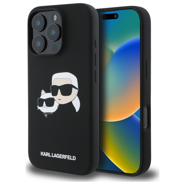 Karl Lagerfeld silikoninis Magnetinis dėklas telefonui iPhone 16 Pro Max su galvų atvaizdais - juodas